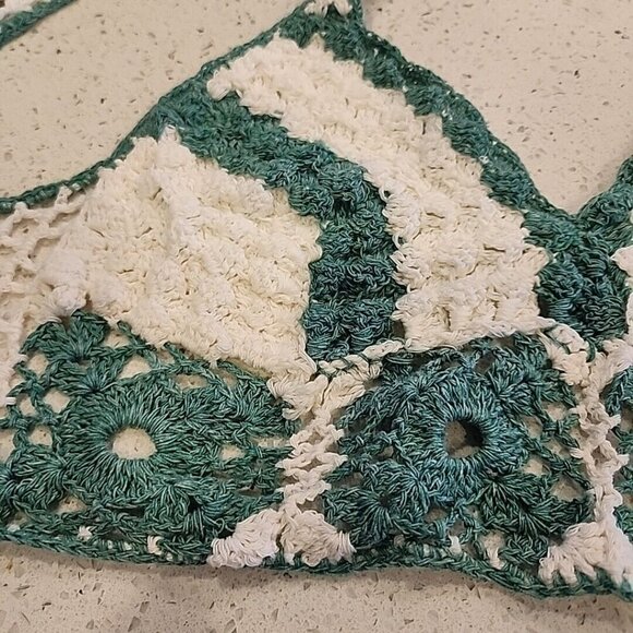 Handmade Crochet Bikini Top Small Green White Boho Hippy - Picture 2 of 3